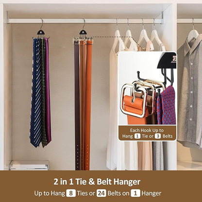 ZEDODIER 2 Pack Tie Hanger & Belt Organizer, Rotatable Tie Rack Space Saving Tie Holder with 16 Adjustable Hooks for Closet Organizers and Storage, Sturdy Belt & Tie Collection Storage, Black