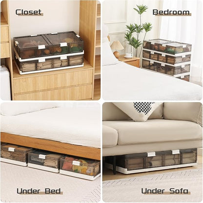 2-Pack Under Bed Storage Containers with Wheels - Stackable, Foldable Plastic Storage Boxes with Lids for Clothes, Shoes, Blankets - Perfect for Bedroom Organization and Dorms