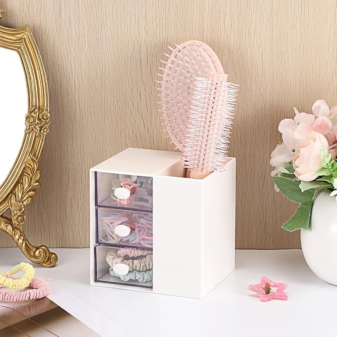 Hair Accessories Organizer with Hair Brush Holder Cosmetic Storage Case with Drawer for Makeup Sponge Plastic Desktop Organizer, White