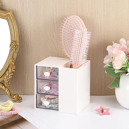Hair Accessories Organizer with Hair Brush Holder Cosmetic Storage Case with Drawer for Makeup Sponge Plastic Desktop Organizer, White