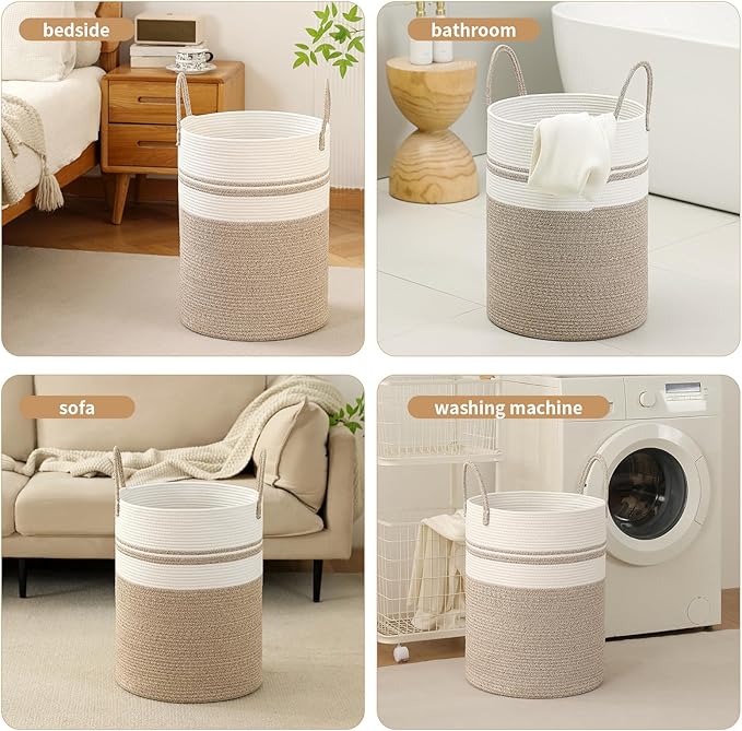 Laundry Basket Hamper Tall Rope Storage Woven for Blanket toys Dirty Clothes in Living Room Bathroom Bedroom (Brown&White, 60L/15.8Gal)