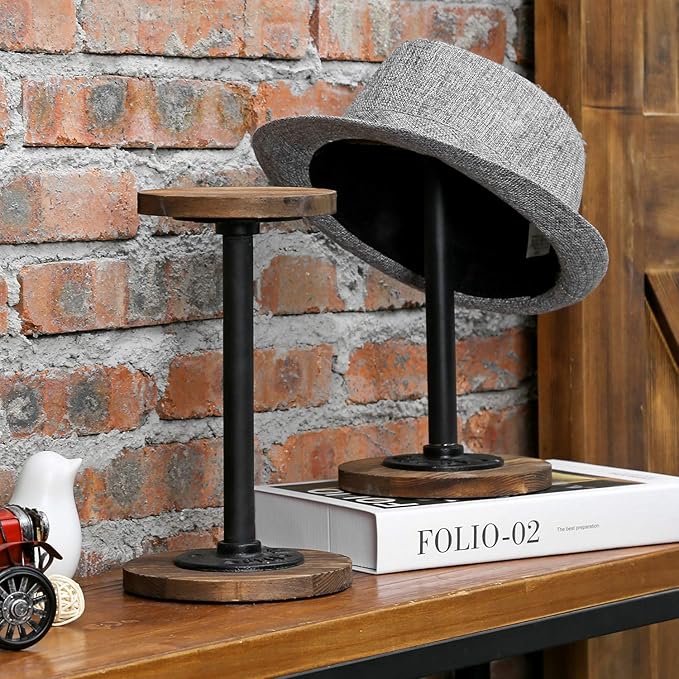 MyGift 2 Pcs Cowboy Hat Holder Rack, Hat Organizer Stand for Baseball Caps, Helmet, Tabletop Wig or Jewelry Display Riser, Rustic Burnt Wood with Industrial Metal Pipe