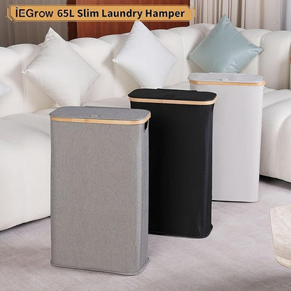 65L Slim Laundry Hamper, Narrow Laundry Basket with Lid,Foldable Clothes Hamper with Bamboo Handles,Hamper Basket with Removable Inner Bag for Laundry Room Bedroom College Dorm,17.17 Gals（Light Grey）