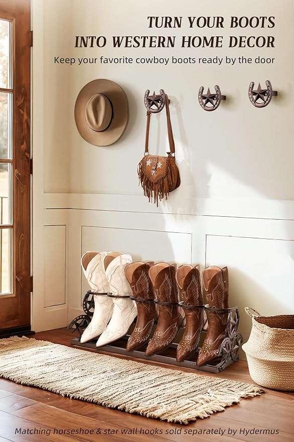 Western Horseshoe Boot Rack, 3 Pairs Freestanding Metal Boot Stand, Adjustable Cowboy Boot Organizer with Texas Star Ends for Entryway Bedroom Living Room Decor, Gift for Cowboy Boot Lovers, Bronze