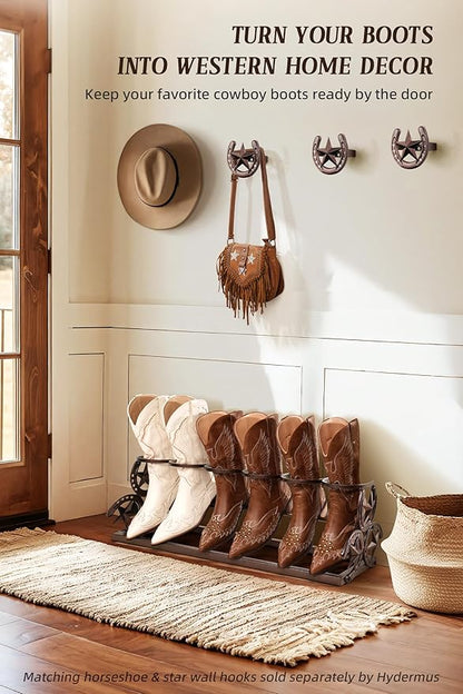 Western Horseshoe Boot Rack, 3 Pairs Freestanding Metal Boot Stand, Adjustable Cowboy Boot Organizer with Texas Star Ends for Entryway Bedroom Living Room Decor, Gift for Cowboy Boot Lovers, Bronze