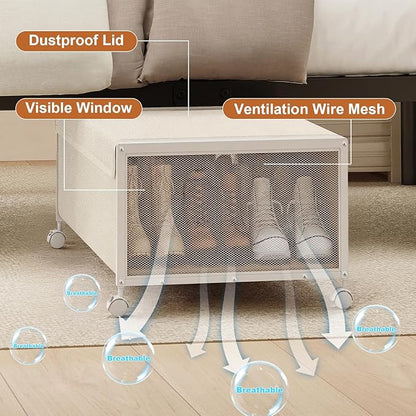 2 Pack Under the Bed Storage Containers,12 inch Height Under Bed Shoe Storage,31inch Long Underbed Storage with Wheels,Large Rolling under bed Clothes Storage Drawers with Lid for Dorm Tall,Ivory