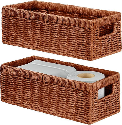 Vagusicc Wicker Storage Basket, Paper Rope Wicker Baskets with Handles, Toilet Paper Basket for Toilet Tank Top, Small Wicke Baskets for Organizing Shelves, 2-Pack, Orange
