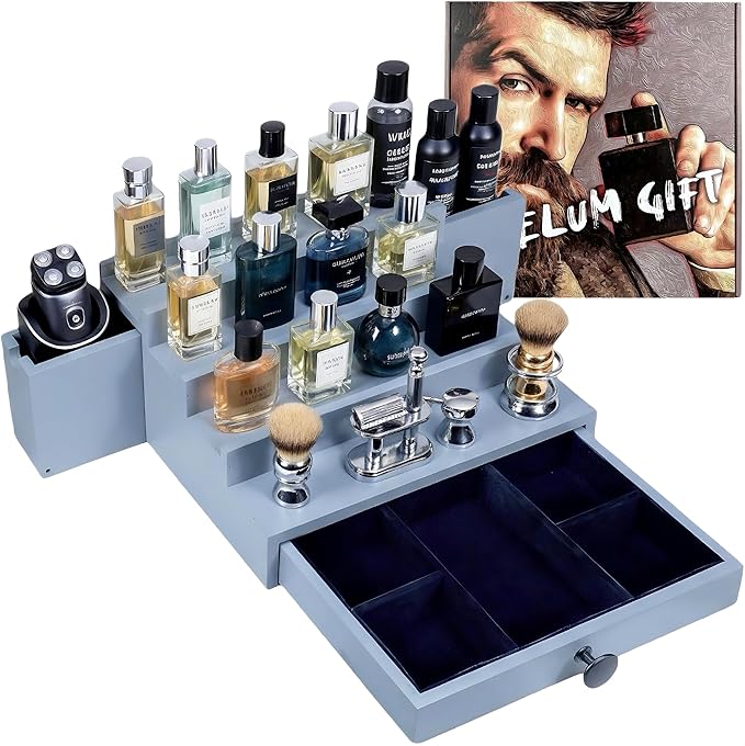 Wooden Cologne Organizer for Men 4 Tier | Dove Grey Perfume Holder Shelf for Dresser | High Grade Velvet Lining and Stylish Gift Box | Uncluttered Design Perfume Display Stand