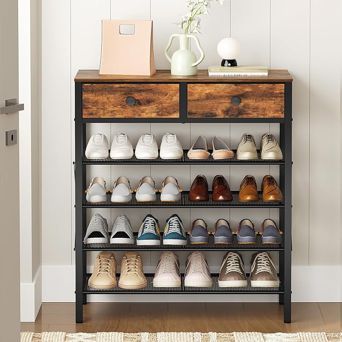 YATINEY 5 Tier Shoe Rack, Large Capacity Shoe Storage Organizer, Metal Shoe Shelf with Drawer and Wooden Top, for 20 Pairs of Shoes, for Entryway, Closet, Rustic Brown and Black SS25BRY1N1