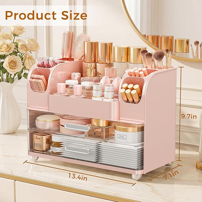 Makeup Organizer for Vanity with Brush Holder, Large Bathroom Countertop Organizer & Skincare Storage | Perfume, Cosmetics Display Case with Drawers (Pink)