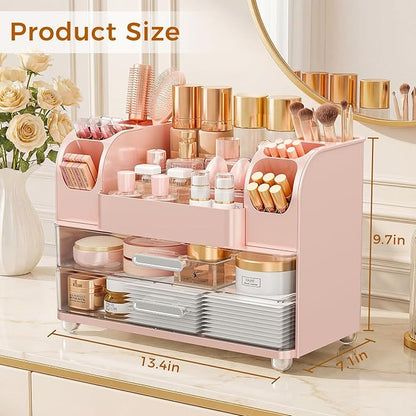 Makeup Organizer for Vanity with Brush Holder, Large Bathroom Countertop Organizer & Skincare Storage | Perfume, Cosmetics Display Case with Drawers (Pink)