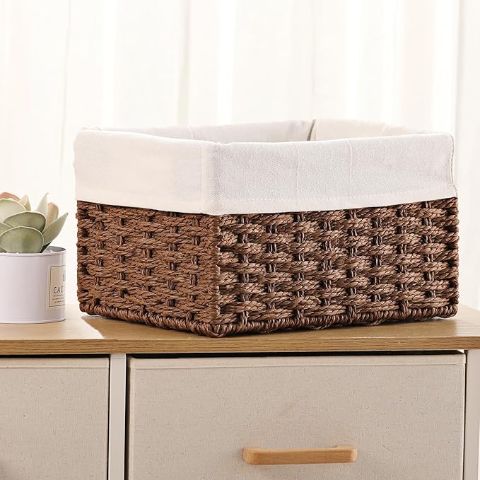 Vagusicc Wicker Basket, Set of 3 Hand-woven Storage Baskets for Organizing, Decorative Rectangle Wicker Storage Basket Bins with Handles, Small Toilet Paper Storage Baskets for Shelves & Decor, Brown