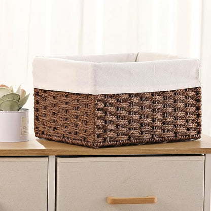 Vagusicc Wicker Basket, Set of 3 Hand-woven Storage Baskets for Organizing, Decorative Rectangle Wicker Storage Basket Bins with Handles, Small Toilet Paper Storage Baskets for Shelves & Decor, Brown