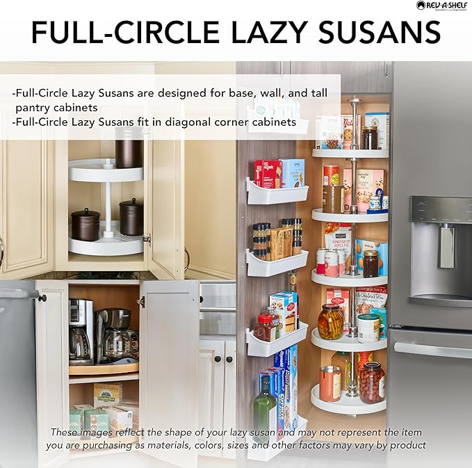 Rev-A-Shelf 20" Dual Full Circle Lazy Susan Organizer for Upper Corner Kitchen Cabinets, Plastic Home Storage 2 Tier Shelves, White, 6012-20-11-52
