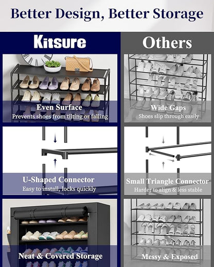 Kitsure Shoe Rack - 10-Tier Shoe Organizer with Zippered Dust Cover & Side Pockets, Easy to Assemble, Space Saving Shoe Rack for Closet, Entryway, Living Room, 33" x 12.4" x 69.3", Black