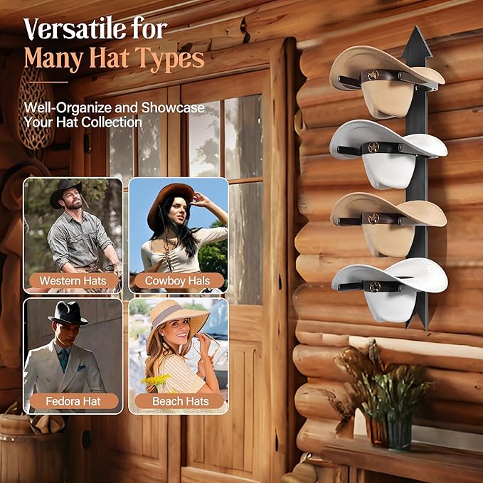 Cowboy Hat Rack for Wall, Cowboy Hat Holder Wall Mount Holds up to 4 Hats, Wooden Western Rustic Metal Hat Hanger with Arrow Sign Board, Hat Organizer for Cowboyhat, Fedora,Sun Hats 2 Pack