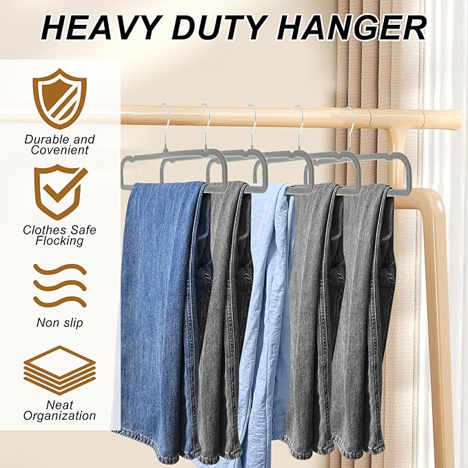 Pants Hangers Space Saving, 30 Pack Velvet Hangers for Closet with 30 Hooks, Strong Durable Non Slip Slim Clothes Hanger, Ultra Soft Flocked Hanger for Pants, Shirts, Bra, Shorts (Grey)
