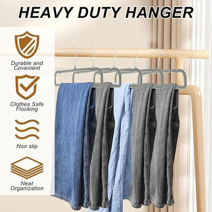 Pants Hangers Space Saving, 30 Pack Velvet Hangers for Closet with 30 Hooks, Strong Durable Non Slip Slim Clothes Hanger, Ultra Soft Flocked Hanger for Pants, Shirts, Bra, Shorts (Grey)