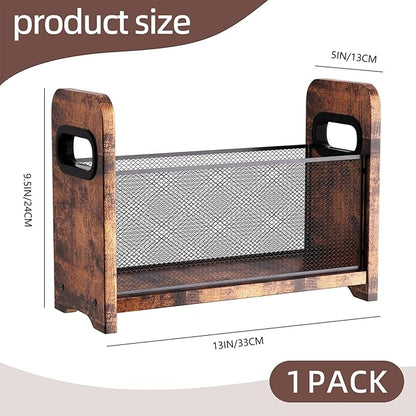 Wood Magazine Holder & Rack - Retro Brown Mesh Storage Basket for Books, Newspapers, Files - Desk/Floor Organizer