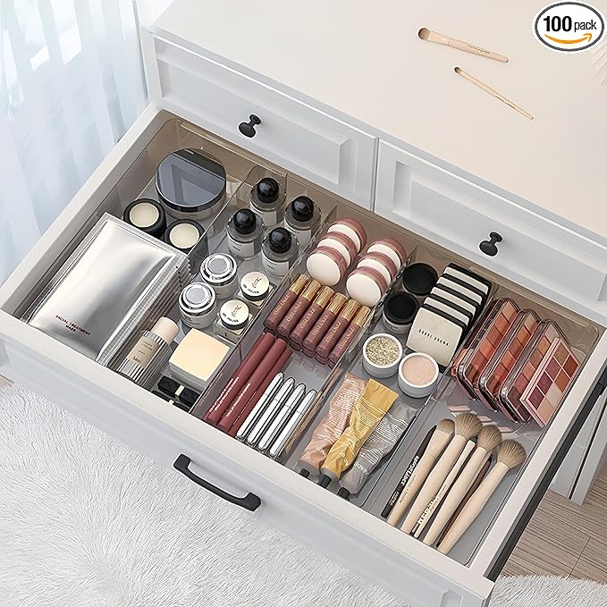 Expandable Drawer Storage Box with 6 Removable Dividers - 2.04" Depth for Light Drawers, Kitchen Utensils, Cosmetics, Office Supplies Organizer (10.43" Length, 20.27" Width)