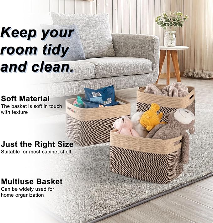 4 Pack Storage Baskets for Organizing, Woven Baskets for Shelves - Perfect for Toys, Books, Towels, and Clothes, Durable Gift Basket Bins Toy Storage, 12.7''L x9''W x7.8''H, Black and Brown