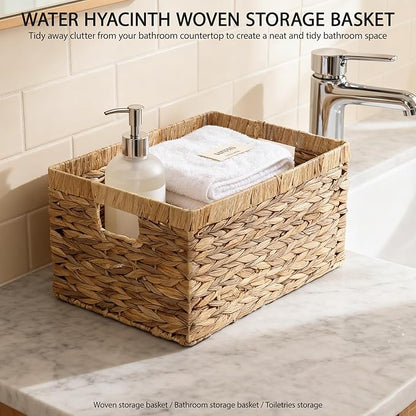 Woven Natural Water hyacinth Rectangular Storage Baskets with inside Handle,Kingwillow(Large)