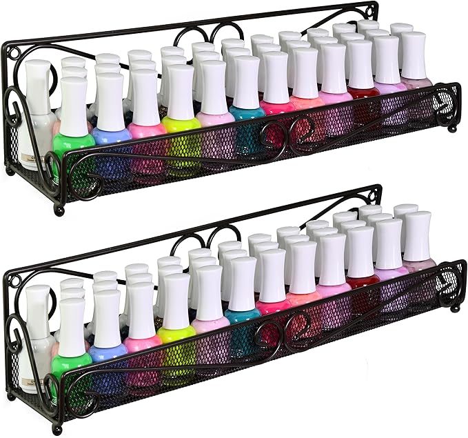AMT 1 Tier Nail Rack, 2 Pack Metal Wall Mount Organizer, Essential Oils Organizer, Pantry Cabinet Door Shelf Storage.Hanging Display for Spice Jars, Nail Polish, Cosmetic Beauty Bottles