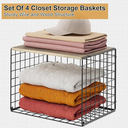 4PCS Wider Closet Organizers and Storage, Stackable Closet Shelf Organizer Storage Bins with Wood Top for Sweaters Jeans, Clothes Organizer Shelves for Wardrobe System Rack, Space-Saving,Sturdy Metal
