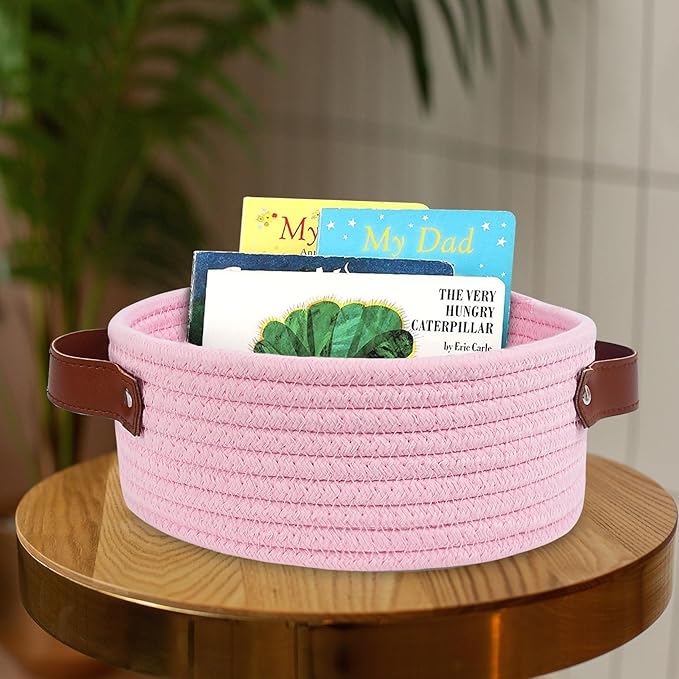 ABenkle Small Storage Basket, Mini Cotton Rope Storage Bin, Cute Tiny Shelf Baskets, Boho Decorative Toy Organizer for Nursery, Spa, Empty Gift Basket - XS, Pink
