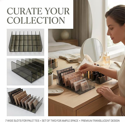 2 Pack Makeup Palette Organizer, 7-Slot Acrylic Eyeshadow Palette Organizer for Drawer or Vanity, Smoky Gray Cosmetic Holder for Palettes, Lipsticks & Compacts