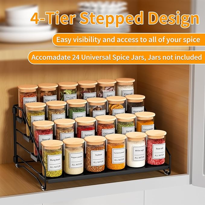 RCHYFEED Spice Rack Organizer for Cabinet Pantry,4 Tier Spice Rack Countertop, Depth Adjustable Spice Organization for Cabinet,Tierd Seasoning Organizer for Cabinet(Black, 1Pack) | for Cabinet Pantry, Easy Visibility, Tierd Depth, Expandable