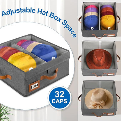 Dofilachy 2-in-1 Stackable Hat Storage for Baseball Caps with Clear Lid, Holds 28-32 Caps - Adjustable Space Hat Organizer for Baseball & Cowboy Hats, Closet Box for Men & Women (Deep Grey)