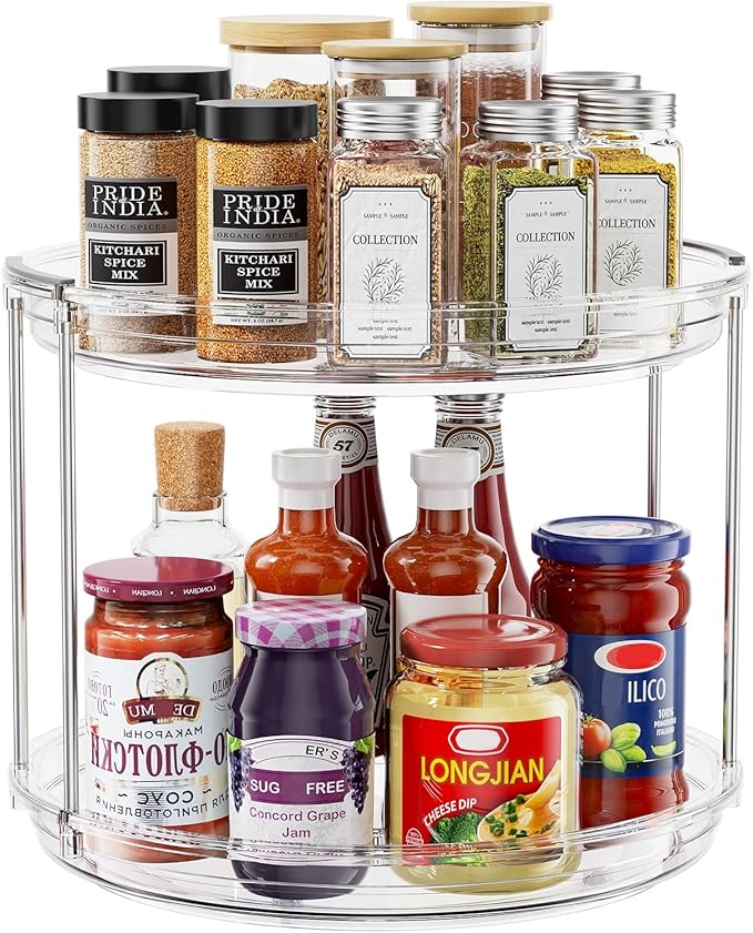 2 Tier Lazy Susan Turntable Organizer 9.25 inch, Rotating Spice Rack Organization for Cabinet, Bathroom, Pantry, Countertop, Kitchen, Vanity, Medicine Cabinet Organizer, Clear