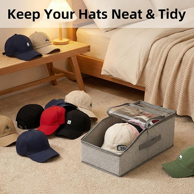 2PCS Hat Storage for Baseball Caps - Stackable Hat Organizer for Closet, Holds up to 30 Caps with Clear Window, Space-Saving Hat Box for Home Storage, Breathable Fabric, Grey
