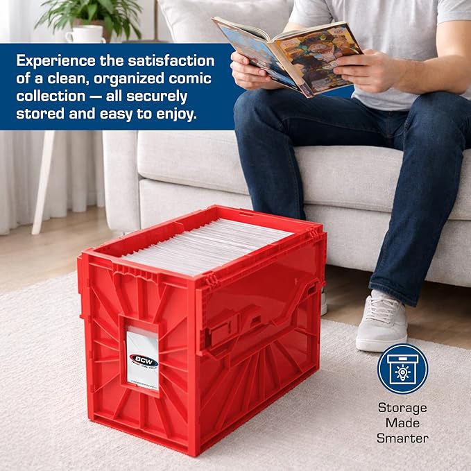 BCW Short Comic Book Bin | Holds 150 Comics | Stackable Plastic Storage | Acid-Free Organizer | Red, 2 Pack