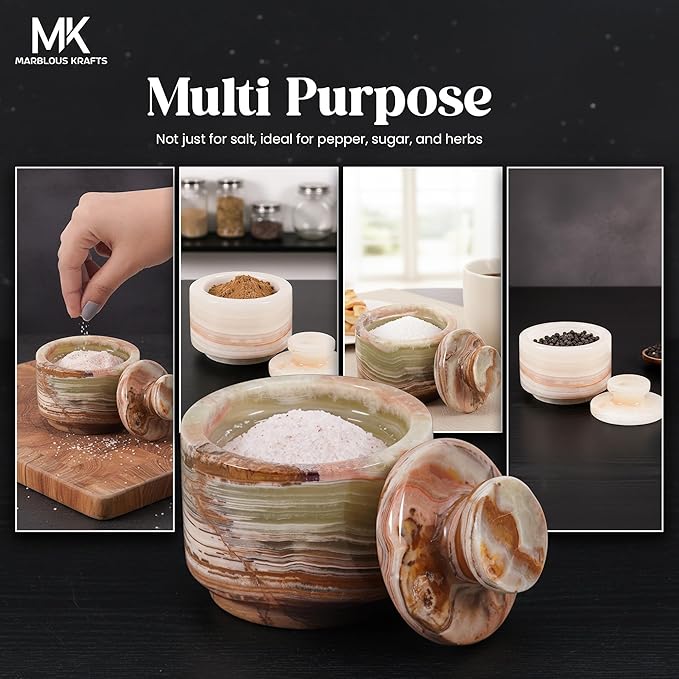 MARBLOUS KRAFTS Marble Salt Cellar with Lid White Onyx and Green Onyx 3" Stone Spice Jar, Perfect for Kitchen Counters, Ideal for Storing Salt, Sugar, and Pepper Bowls, Gift for Mom