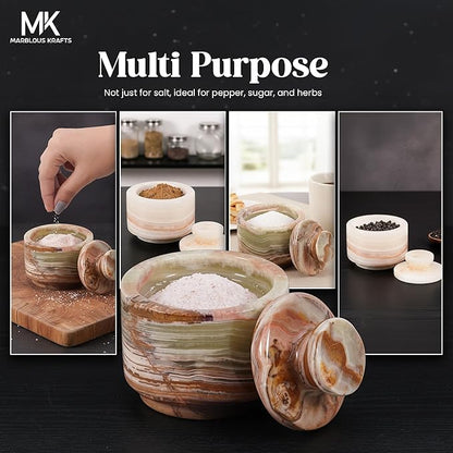 MARBLOUS KRAFTS Marble Salt Cellar with Lid White Onyx and Green Onyx 3" Stone Spice Jar, Perfect for Kitchen Counters, Ideal for Storing Salt, Sugar, and Pepper Bowls, Gift for Mom