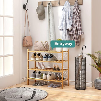 viewcare 4-Tier Bamboo Shoe Rack for Entryway, Stackable | Foldable | Natural, Shoe Organizer for Hallway Closet, Free Standing Shoe Racks for Indoor Outdoor