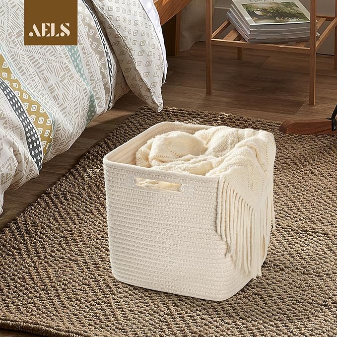 AELS Hand Woven Cotton Basket for Storage, Cube Storage Bins with Handles, Foldable Collapsible Closet Organizers and Storage, Boho Farmhouse Storage Cubes for Shelves, Beige