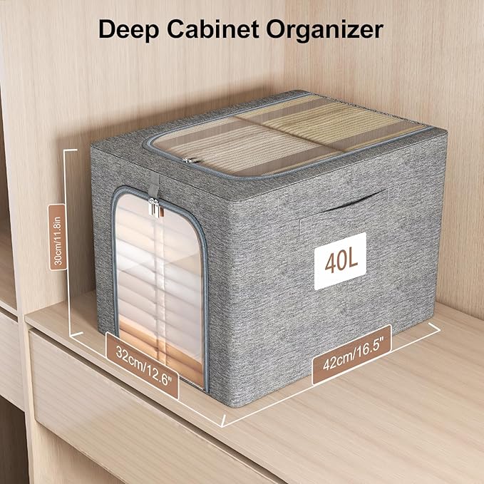 GoMaihe Clothes Storage Bins with Metal Frame, 4-Pack Closet Storage Bins with Lid & Clear Window, Sweater Boxes Organizer for Closet, Clothing Storage, Cationic Fabric 40L
