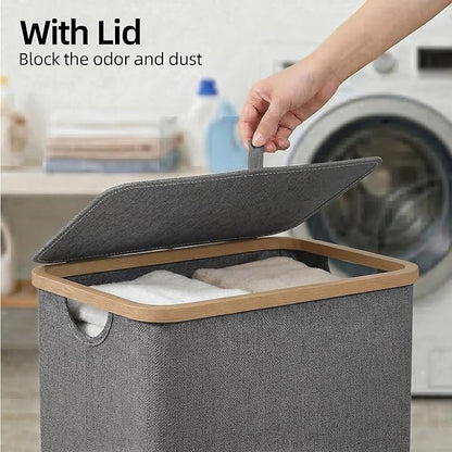 efluky Slim Laundry Basket with Lid, Narrow Laundry Hamper with Removable Bag, Skinny Dirty Clothes Basket with Bamboo Handles for Bathroom, Bedroom & Laundry Room, 65L Grey
