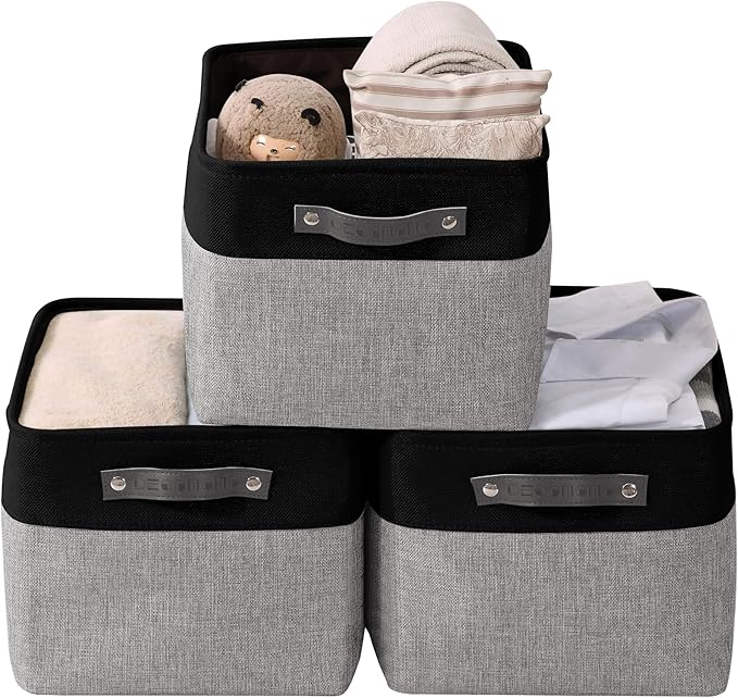DECOMOMO Storage Bins, Large Fabric Storage Baskets for Shelves, Decorative Linen Closet Organizer, 15 x 11 x 9.5 inches (Grey & Black, 3 Pack)
