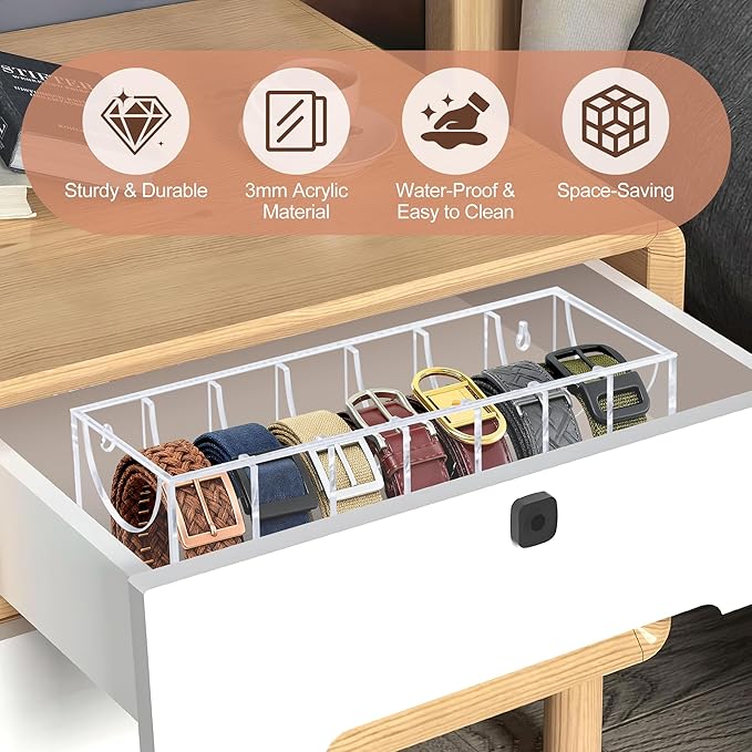 Belt Organizer, Acrylic Belt Storage Organizer for Closet with Dust Cover and Drawer,7 Compartments Transparent Display Case for Belts Best Gift for Men And Husband