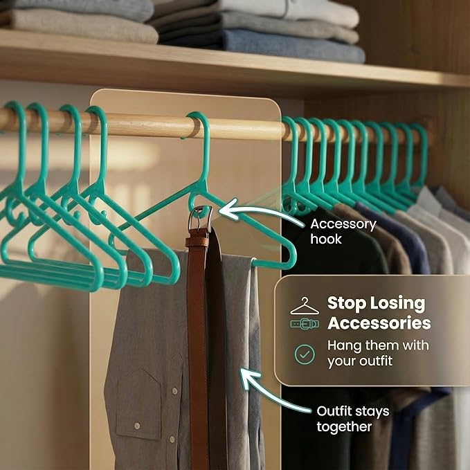 DEILSY™ Aqua Heavy Duty Hangers with Hooks for Scarves & Belts – Thick and Strong Clothes Hangers for Shirts, Jackets, Pants, and Dresses – Space-Saving Plastic Hangers – Pack of 30
