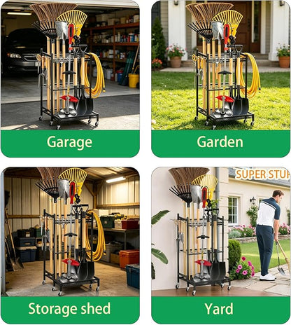 Garden Tool Organizer Rack with Wheels Up to 30-35 Tools, Heavy-Duty Steel Yard Tool Organizer for Garage Storage with 11 Hooks, Broom Holder & Garden Tool Rack for Shed, Patio, Lawn, Outdoor, Black