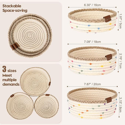 Sea Team 3-Pack Small Cotton Rope Storage Basket Set - Portable Round Organizers with Jute Braid for Small Items, Keys, Makeup & Trinkets