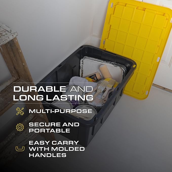 CX Black & Yellow 27-Gallon Heavy Duty Storage Bins with Lids, Stackable Plastic Storage Bins with Weather-Resistant Design, Home Organization, 4 Pack (14.3"H x 20.6"W x 30.6"D)
