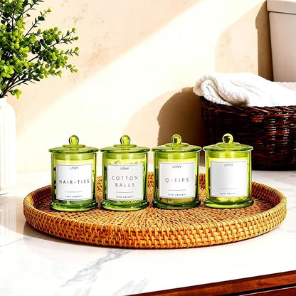LITIVY 4 Pack Bathroom Organizers and Storage - 16 Oz Glass Qtip Holder & Cotton Pad Dispenser with Lid, Apothecary Jars for Home, Room Decor, Kitchen Organizer (Green)