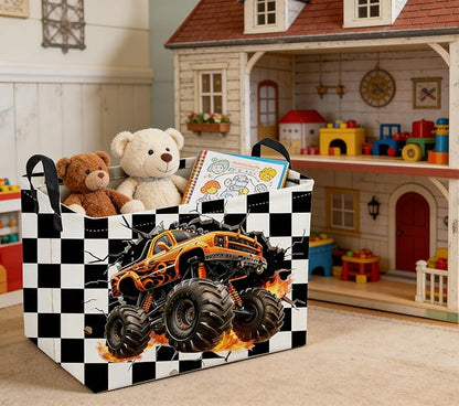 Sanjiaofeng Rectangular Monster Truck Basket for Kids,Baby Storage Bins with Handles for Car Decor,Racing Storage Bin,Cute Toy Storage Organizer for Boys and Girls,Car Room Decor(Racing flag)