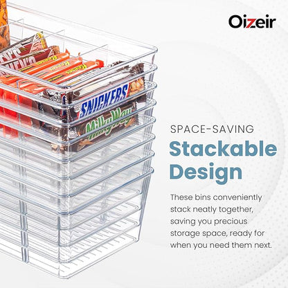 Oizeir Clear Pantry Organizer Bins 4-Pack - Fridge Organizer with 3 Removable Dividers - Kitchen Pantry Organizers & Storage - Storage Cabinet Snack